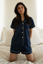 Navy Blue Satin Pajamas Shorts Set