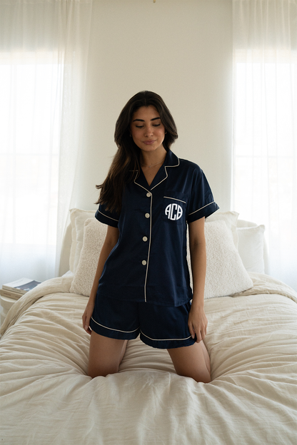 Navy Satin Pajamas Shorts Set