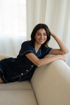 Navy Blue Satin Pajamas Shorts Set