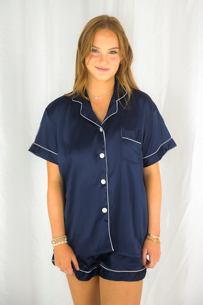 Navy Satin Pajamas Shorts Set