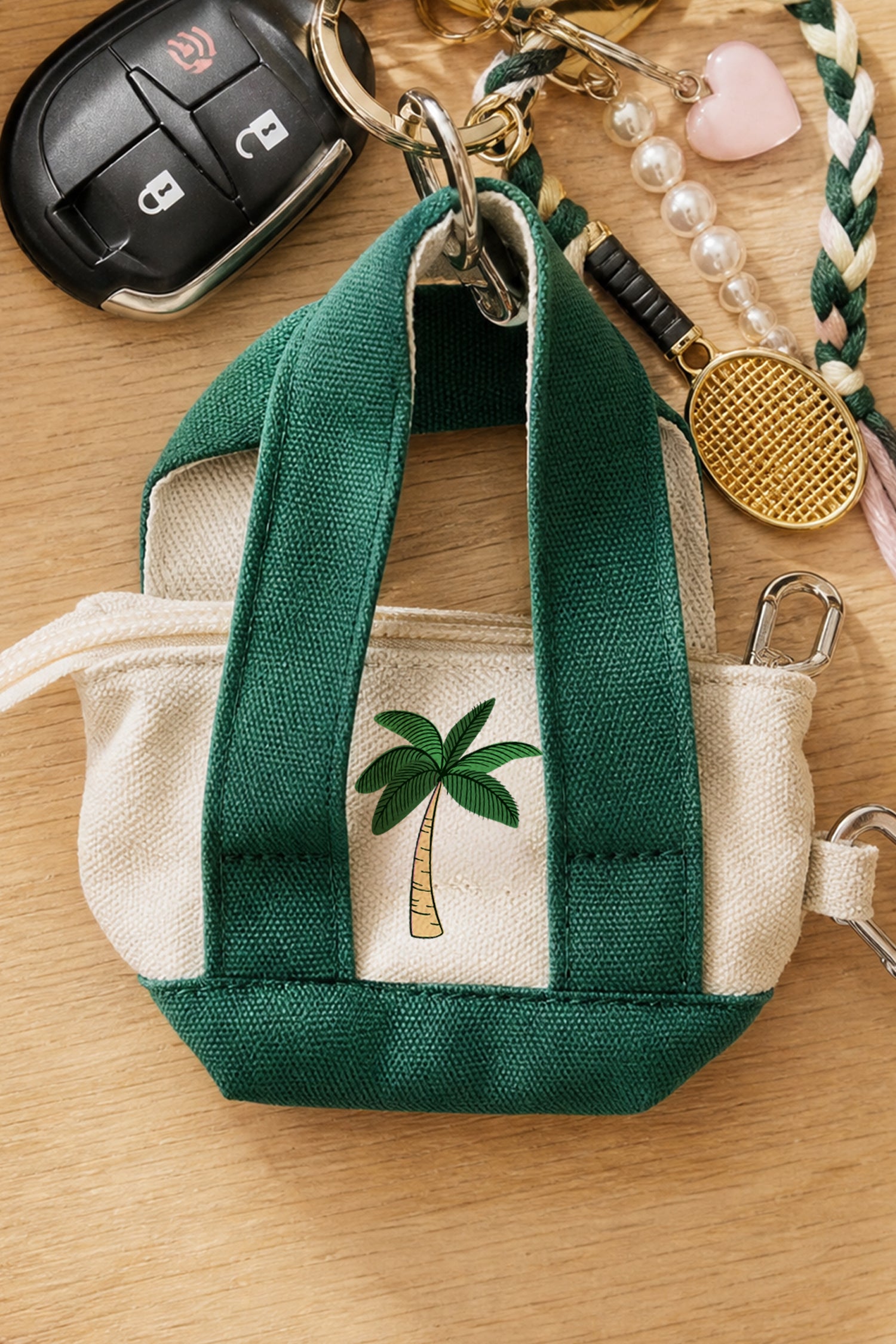 Green Mini Tote Keychain - Palm Tree Design