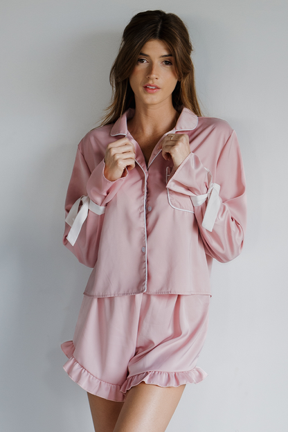 Pink with White Bow Sleeves Ruffle Pajamas