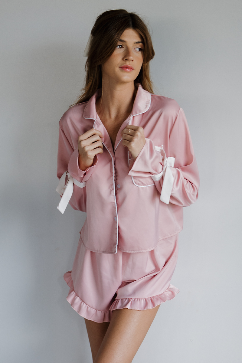 Pink with White Bow Sleeves Ruffle Pajamas