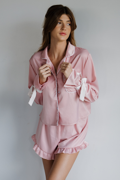 Pink with White Bow Sleeves Ruffle Pajamas