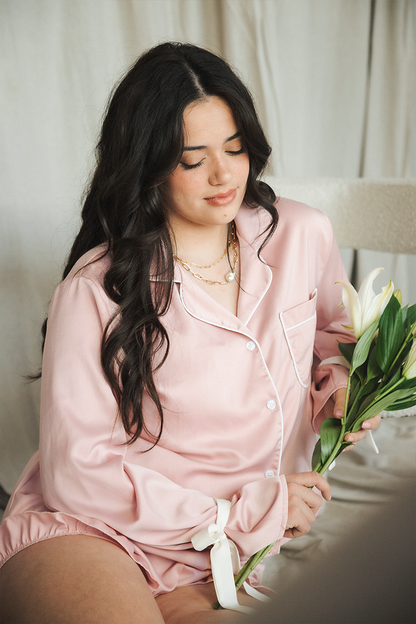 Pink with White Bow Sleeves Ruffle Pajamas