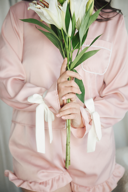 Pink with White Bow Sleeves Ruffle Pajamas