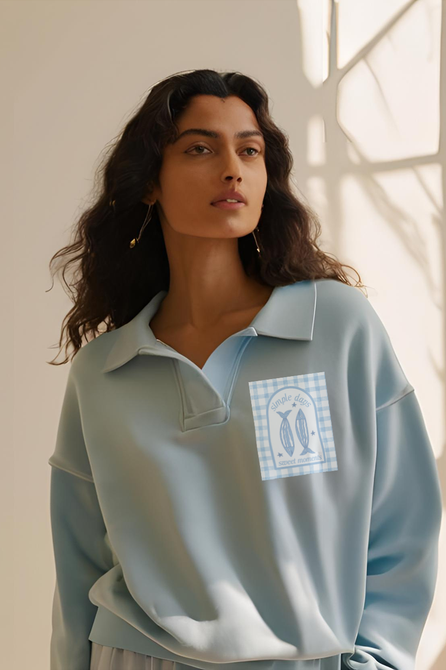 Simple Days Sardines Long Sleeve Collar Sweatshirt