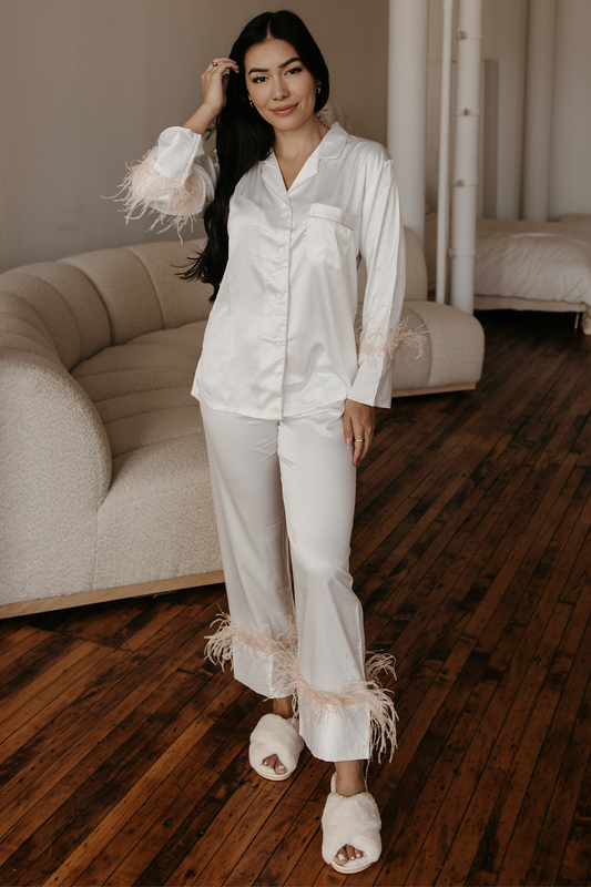 White with Blush Feather Pajama Pants Set