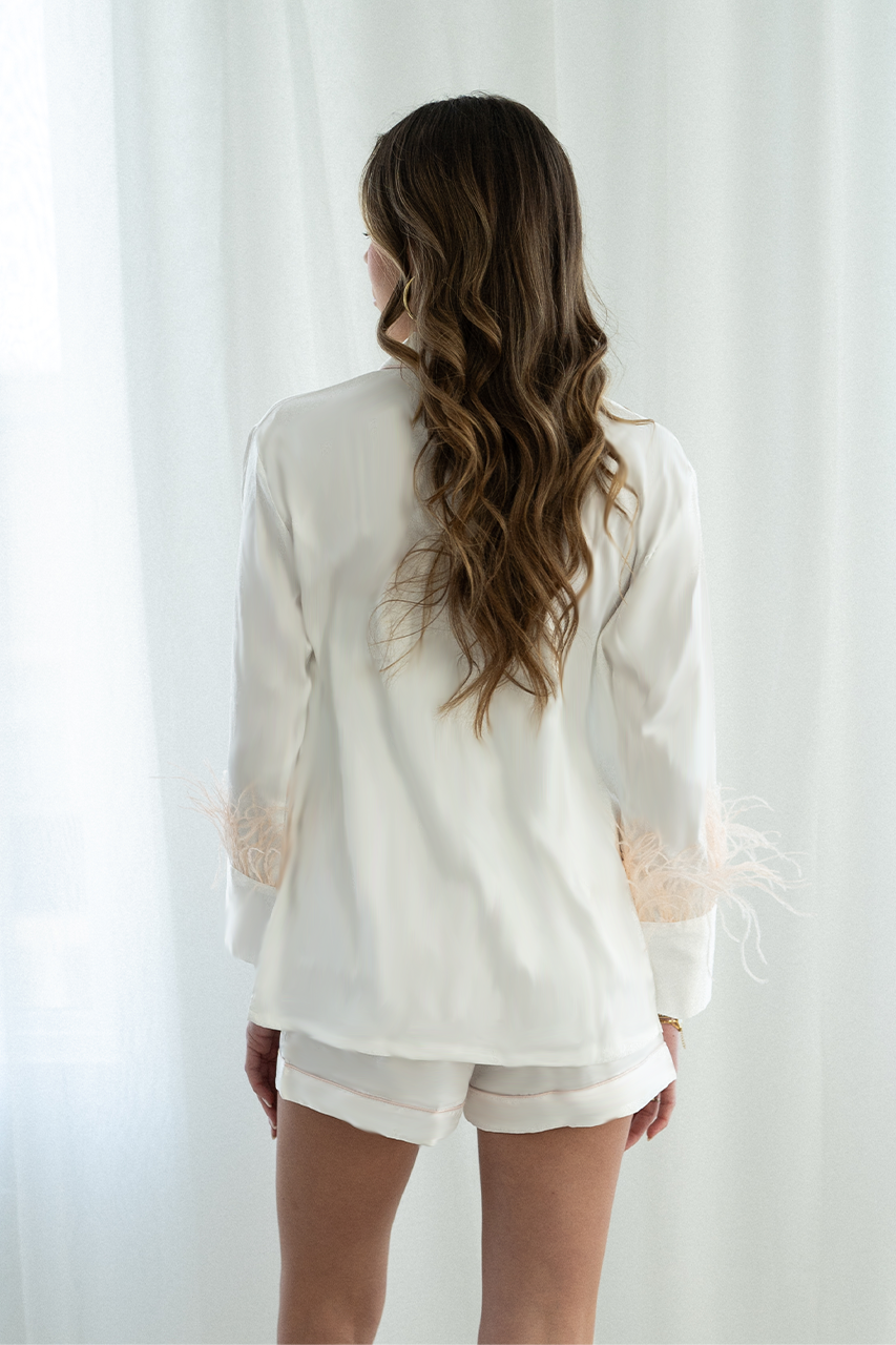 White with Blush Feather Pajama Shorts Set