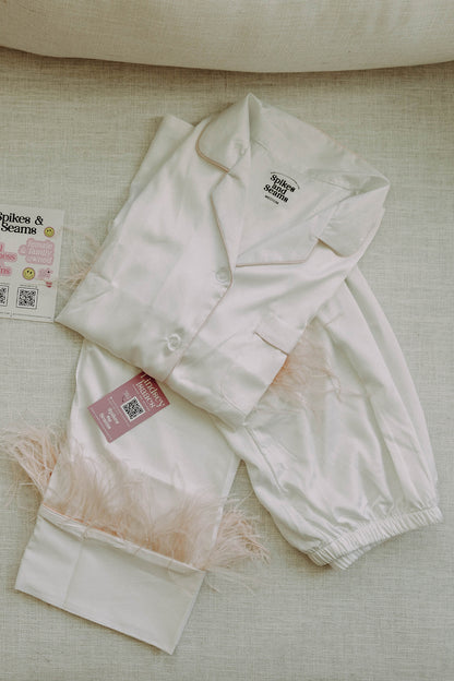 White with Blush Feathers Satin Pants Set