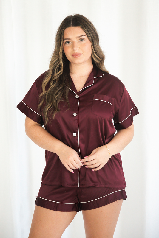 Wine Satin Pajamas Shorts Set