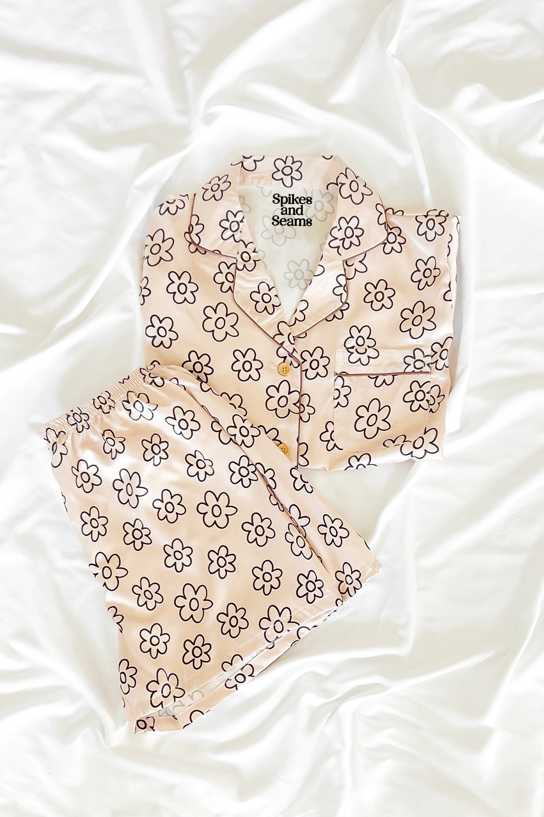 Beige Daisy Custom Satin Pajamas – Spikes and Seams