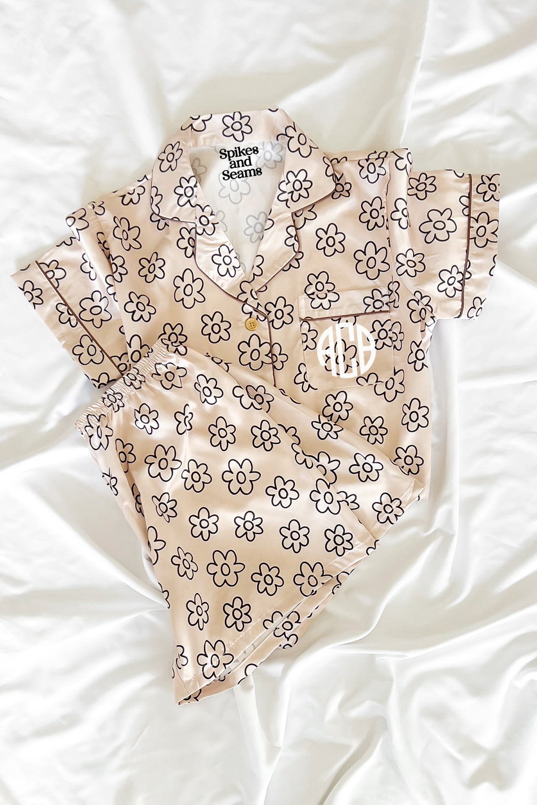 Beige Daisy Custom Satin Pajamas – Spikes and Seams