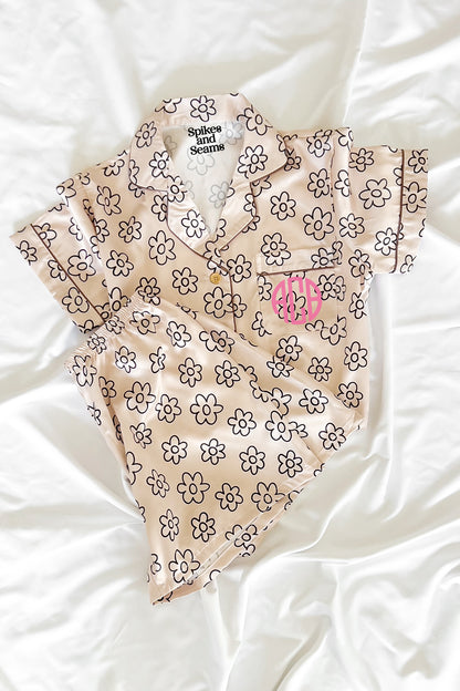 Beige Daisy Satin Pajamas