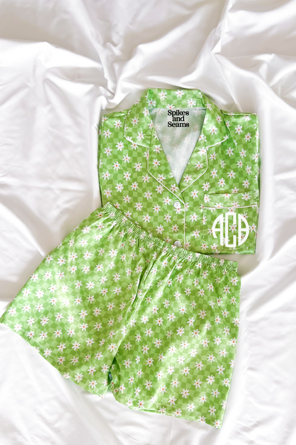 Green Daisy Checkered Satin Pajamas