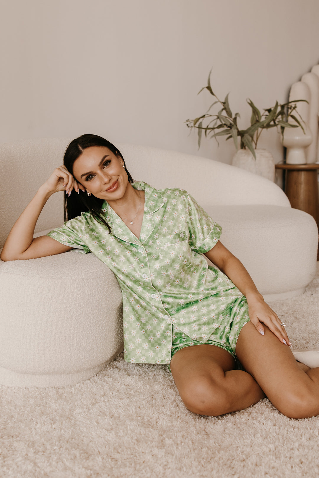 Green Daisy Checkered Satin Pajamas