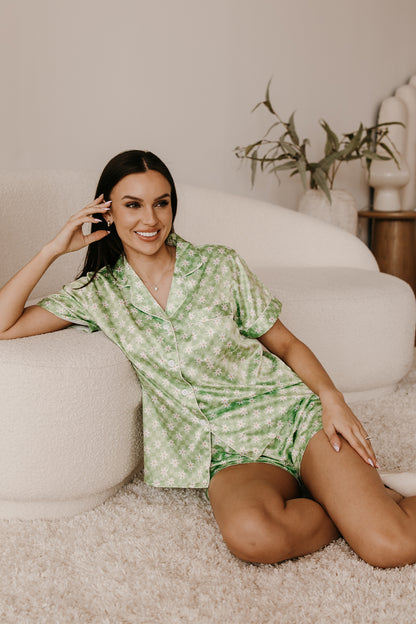 Green Daisy Checkered Satin Pajamas