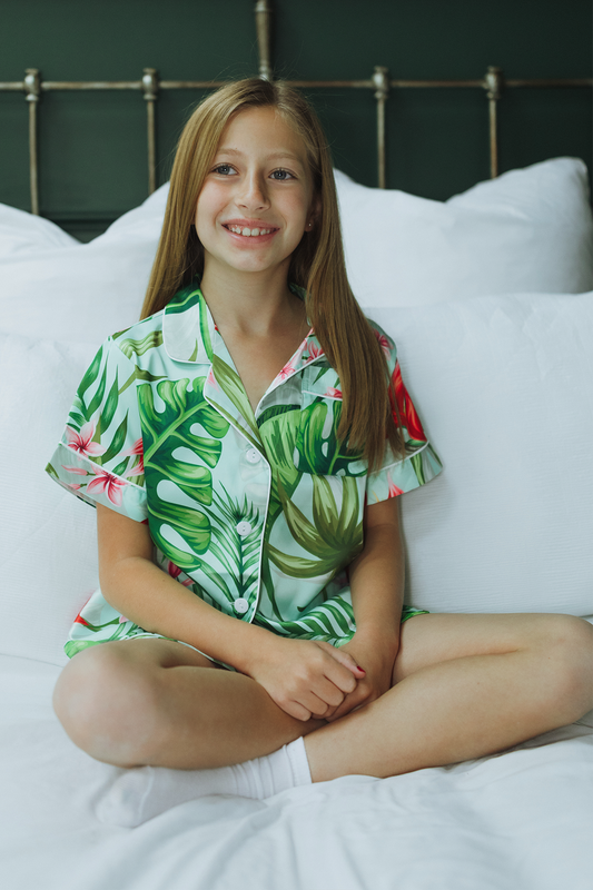Children's Mint Tropical Pajama Shorts Set