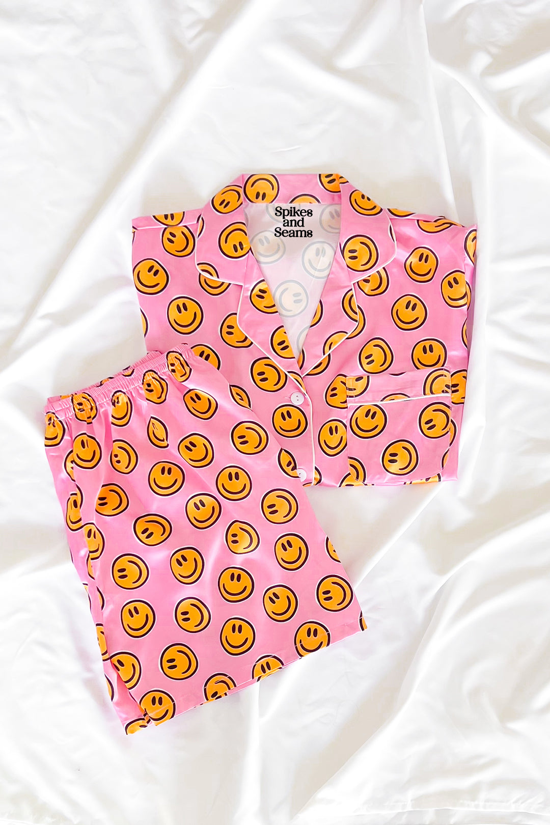 Pink Pajama Pants with pink glitter LOVE and yellow smiley - Made with Love  and Kisses