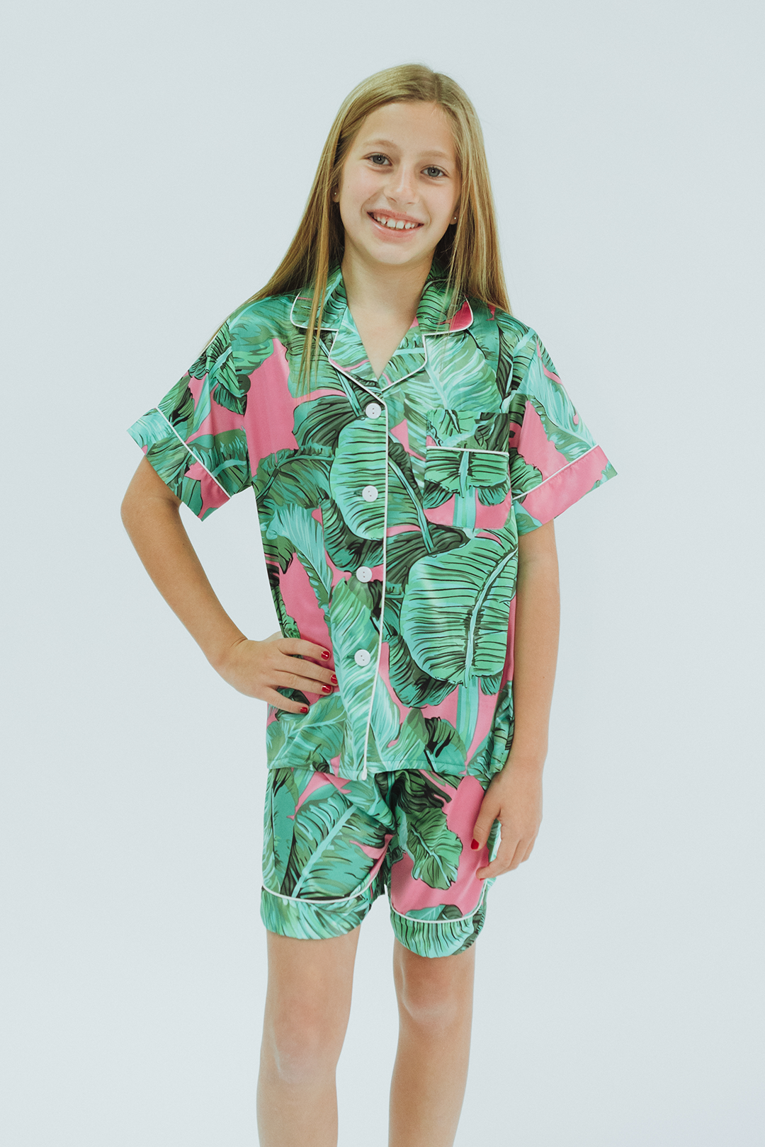 Children's Pink Banana Leaf Pajama Shorts Set