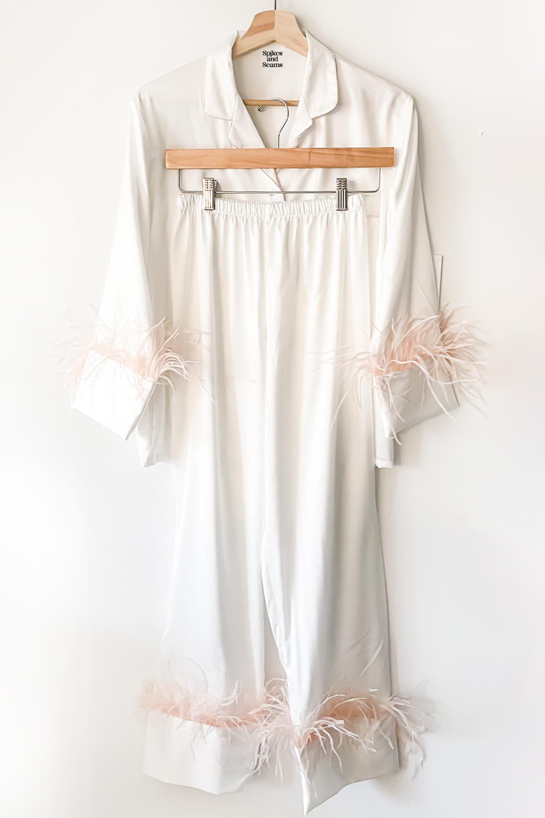 White with Blush Ostrich Feathers Pajama Pants Set