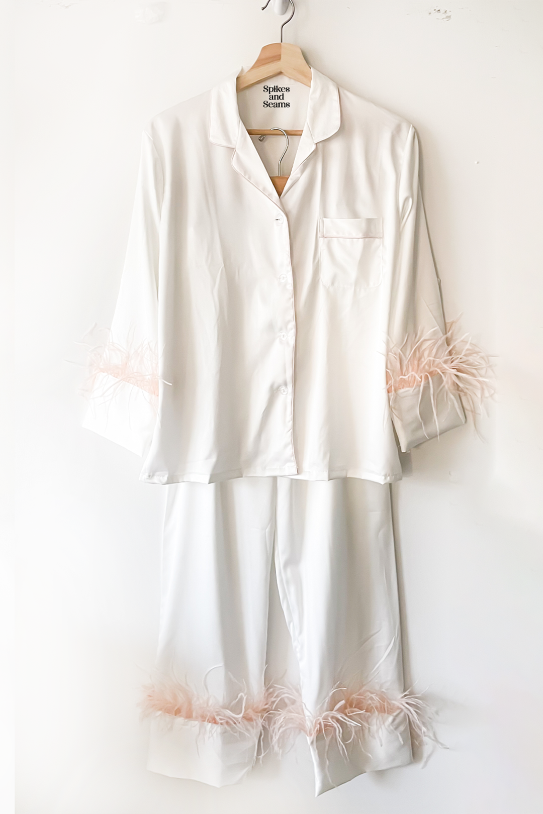 White with Blush Ostrich Feathers Pajama Pants Set