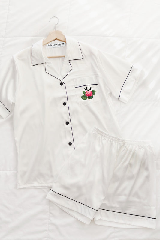 White rose print satin pajamas.
